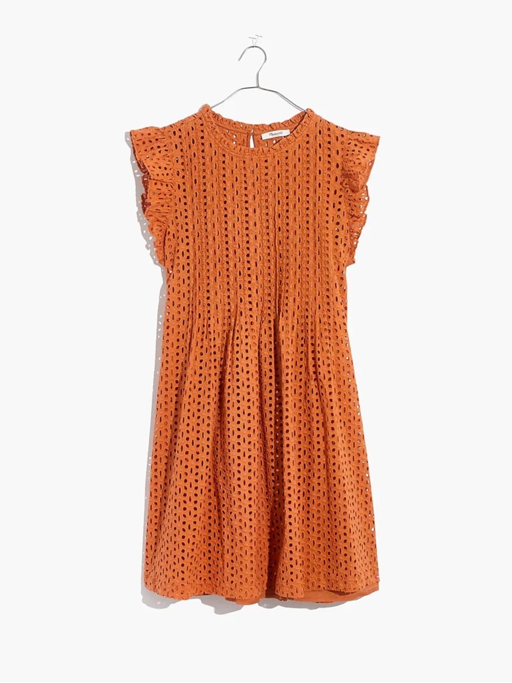 Madewell Eyelet Mini Dress Mulled Cider Orange Ruffle Sleeve Pintuck Small NWT S
